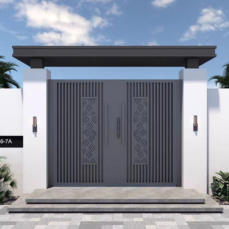 Puerta de patio minimalista de cobre y aluminio con borde sellado
